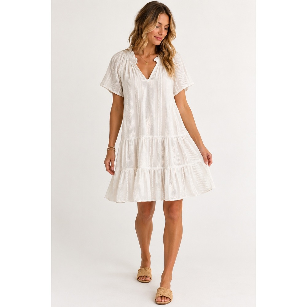 J.Crew White Cotton Dobby Tiered Mini Dress Ruffle V-Neck Short Sleeve Small